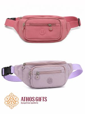 Textile waist bag with 3 compartments.