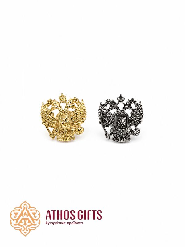 Metal lapel pin in the shape of the Byzantine double-headed eagle.