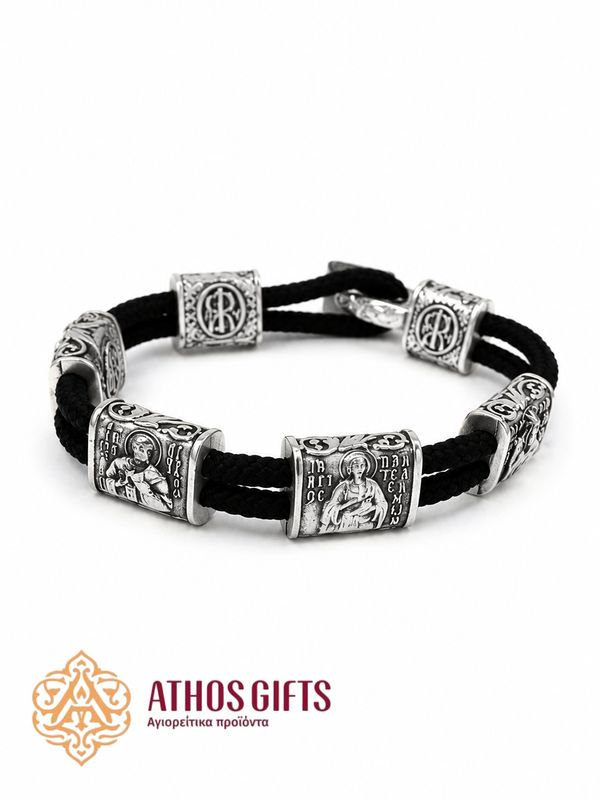 Braided bracelet featuring Saints Spyridon, Nicholas and Panteleimon.