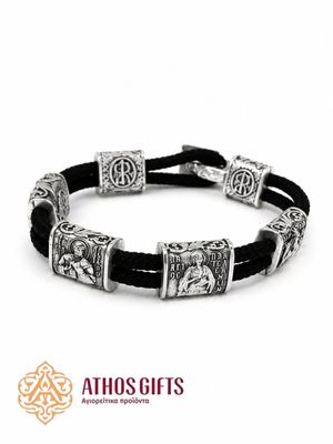 Braided bracelet featuring Saints Spyridon, Nicholas and Panteleimon.