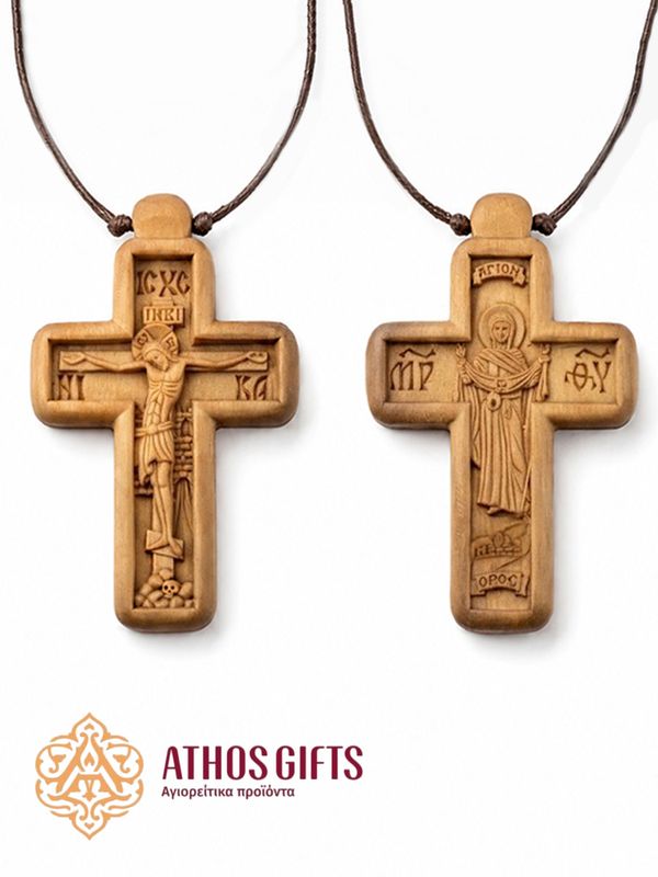 Handmade Wooden Neck Cross “Holy Mandylion, Theotokos Athonitissa”