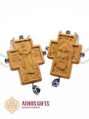 Handmade Wooden Cross with Images of the Holy Mandylion and the Abbess of Mount Athos