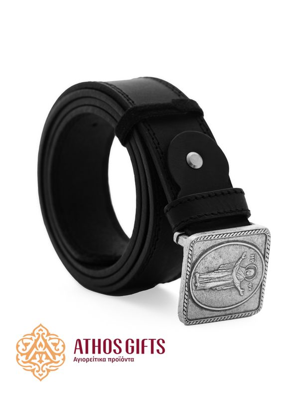 Leather belt with a metal buckle featuring the Mother of God