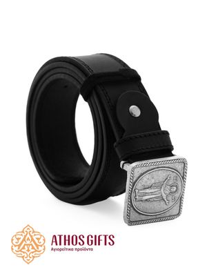 Leather belt with a metal buckle featuring the Mother of God