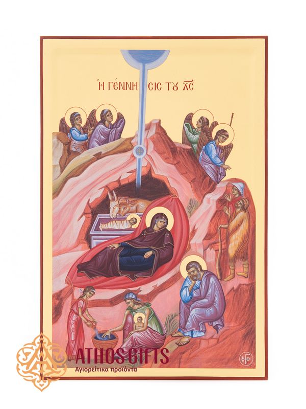 Handcrafted “Nativity of Christ” Icon Made of Natural Wood with 22-Karat Gold Leaf Gilding
