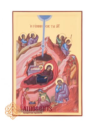 Handcrafted “Nativity of Christ” Icon Made of Natural Wood with 22-Karat Gold Leaf Gilding