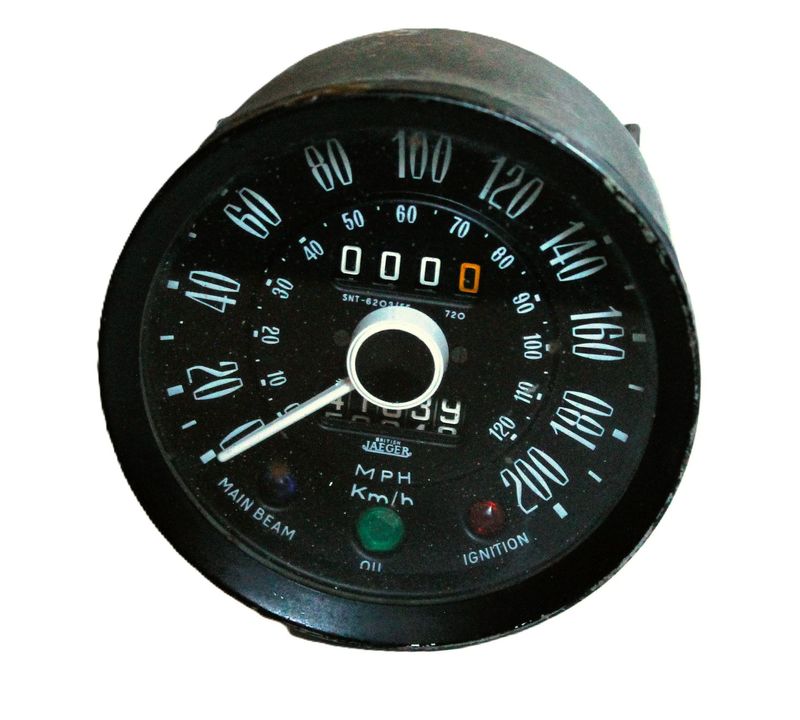 Originaler mechanischer BRITISH JAEGER 12V-Tachometer, gebraucht, TRIUMPH SPITFIRE MKIV/GT6 Mk III (AB FEBRUAR 1973)