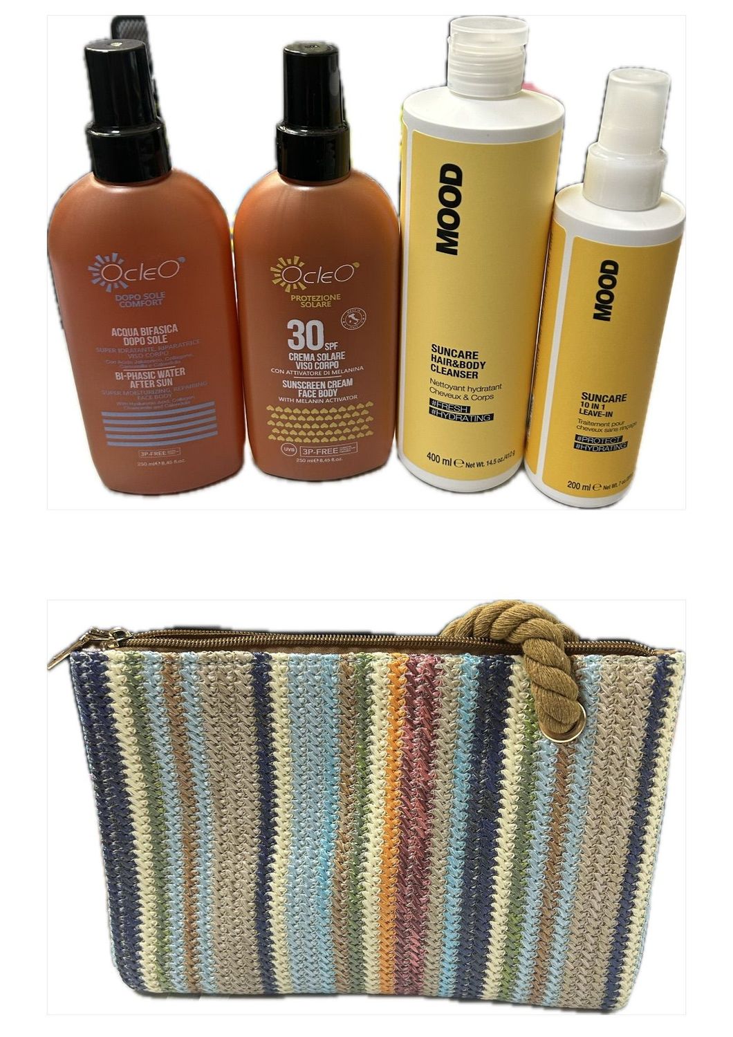 KIT MARE CON SHAMPOO MOOD CORPO CAPELLI 400 ML SPRAY LEAVE-IN 10 IN1 200 ML PIU' CREMA SOLARE  30SPF VISO CORPO OCLEO' 250 ML E ACQUA BIFASICA DOPO SOLE OCLEO' 250 ML IN OMAGGIO POCHETTE ELGON SUN
