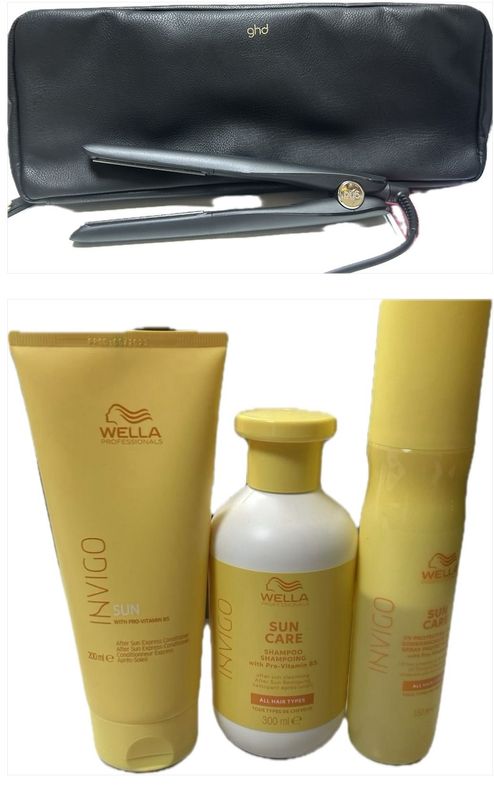 SHAMPOO WELLA SUN 300 ML CONDITIONER 200 ML E SPRAY SUN 150 ML CON PIASTRA GHD MINI CON POCHETTE IN OMAGGIO BAGNO DOCCIA RELAX SPA 500 ML E BORSA MARE SHAMPOO WELLA SUN 300 ML CONDITIONER 200 ML E SPRAY SUN 150 ML CON PIASTRA GHD MINI CON POCHETTE IN OMAGGIO BAGNO DOCCIA RELAX SPA 500 ML E BORSA MARE