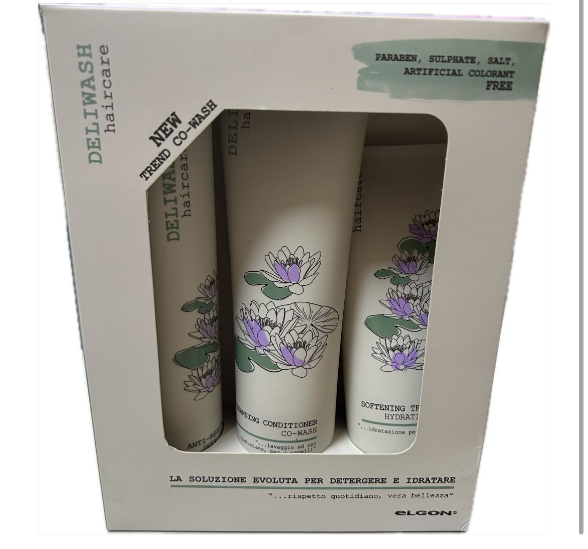 KIT DELIWASH ELGON  CON CLEANSING CONDITIONER 300 ML ANTI RESIDUE WASH 250 ML SOFTENING TREATMENT 200 ML IN REGALO CREMA VISO SOLARE PROTEZIONE 50+ E ACQUA BIFASICA OCLEO0 250 ML