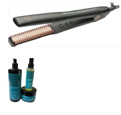 PIASTRA RETRO' COMB HAIR STRAIGHTENER PIU' KIT ARGAN KOSTER SHAMPOO 500 ML MASCHERA 250 ML E SEMI DI LINO 100 ML