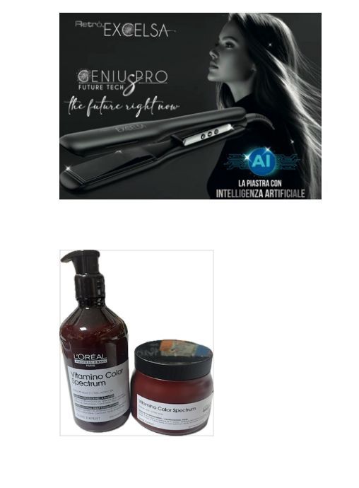PIASTRA RETRO' ECXELSA GENIUS PRO LARGE + SHAMPOO L'OREAL 500 ML VITAMINO COLOR SPECTRUM E MASCHERA 500 ML L'OREAL VIT.COL. SPECTRUM