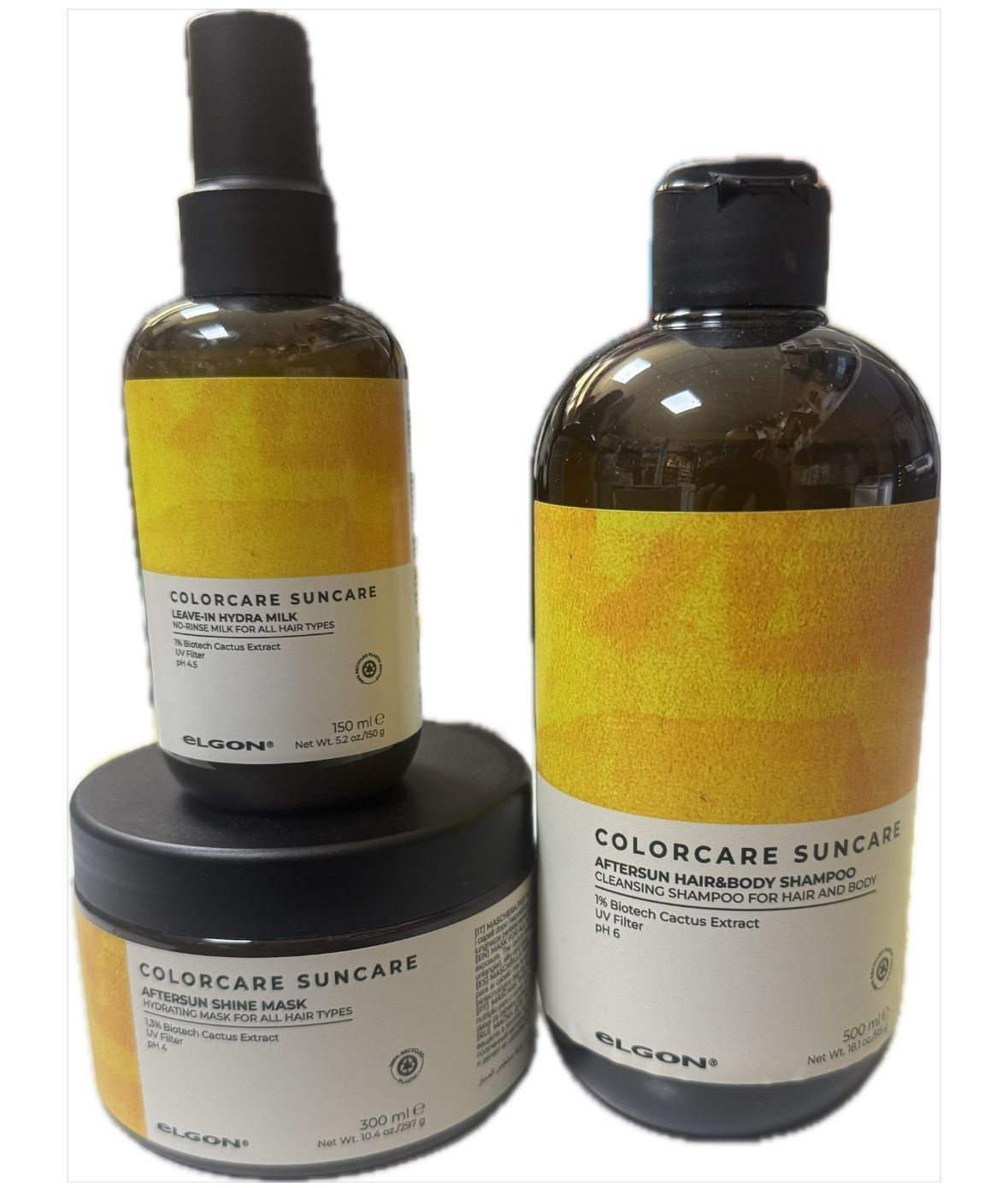 KIT MARE CON SHAMPOO  ELGON SUNCARE 500 ML MASCHERA 300 ML E HYDRA MILK 150 ML IN OMAGGIO PHON KIEPE PORTOFINO PIU'  SUN WATCH  CONTROL