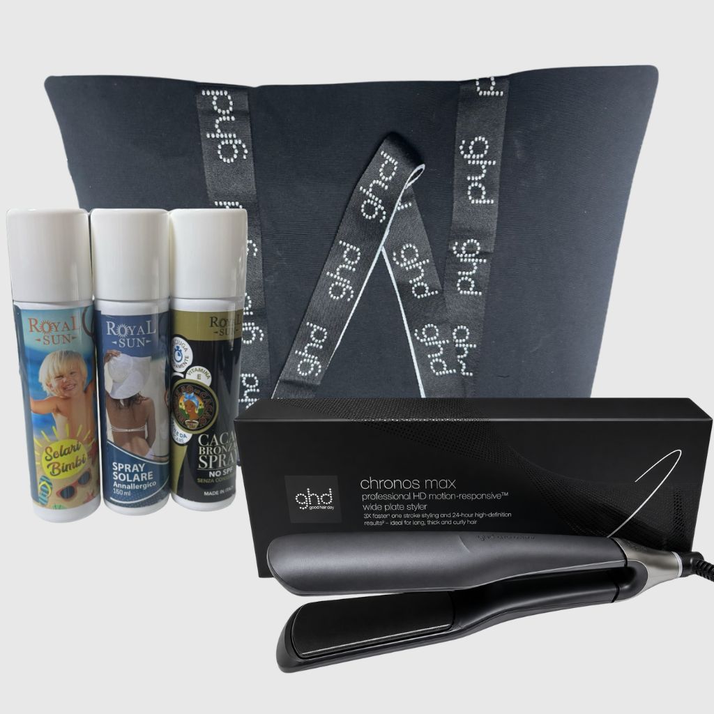 PIASTRA GHD CHRONOS MAX +KIT MARE CON TRIS SOLARI ROYAL SPRAY SOLARE ANALLERGICO 150 ML SPRAY BIMBI 150 ML SPRAY ABBRONZANTE 150 ML IN OMAGGIO BORSA GHD PIASTRA GHD CHRONOS MAX +KIT MARE CON TRIS SOLARI ROYAL SPRAY SOLARE ANALLERGICO 150 ML SPRAY BIMBI 150 ML SPRAY ABBRONZANTE 150 ML IN OMAGGIO BORSA GHD