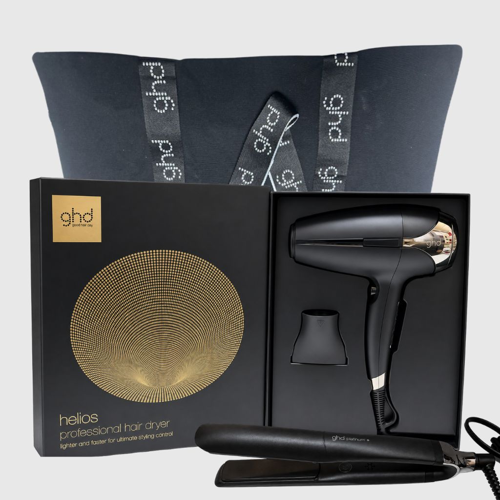 KIT GHD CON PIASTRA GHD PLATINUM+ NERA E PHON GHD HELIOS NERO 2200 WATT IN OMAGGIO BORSA GHD KIT GHD CON PIASTRA GHD PLATINUM+ NERA E PHON GHD HELIOS NERO 2200 WATT IN OMAGGIO BORSA GHD