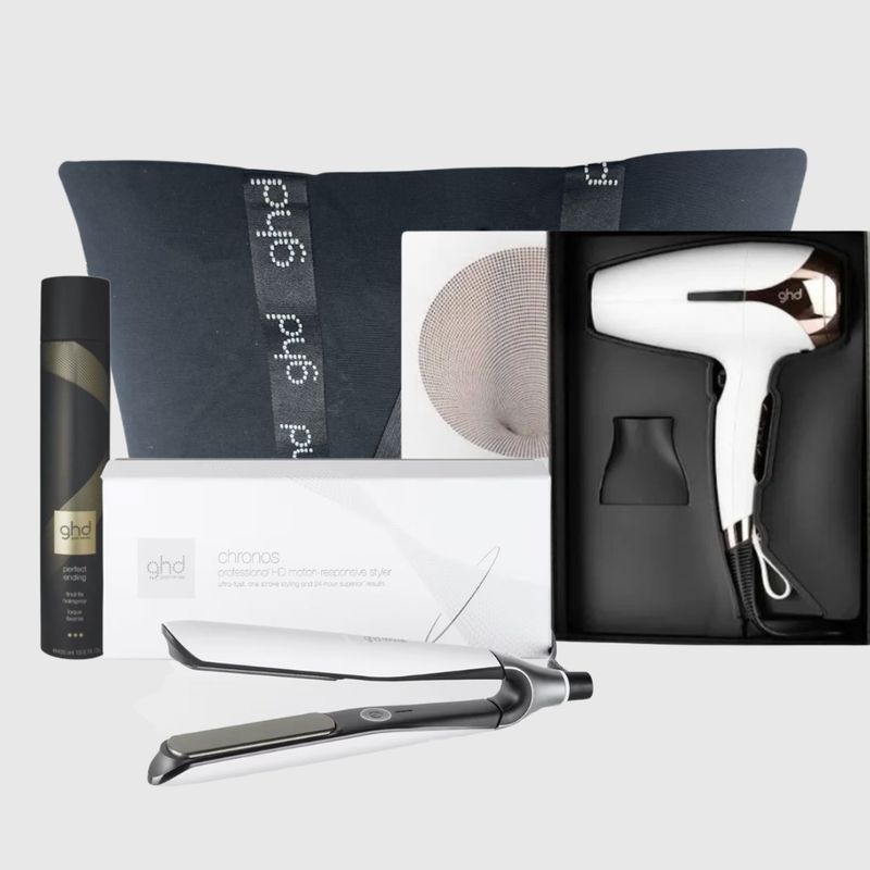 PHON GHD HELIOS BIANCO + PIASTRA GHD CHRONOS BIANCA + LACCA GHD + BORSA GHD