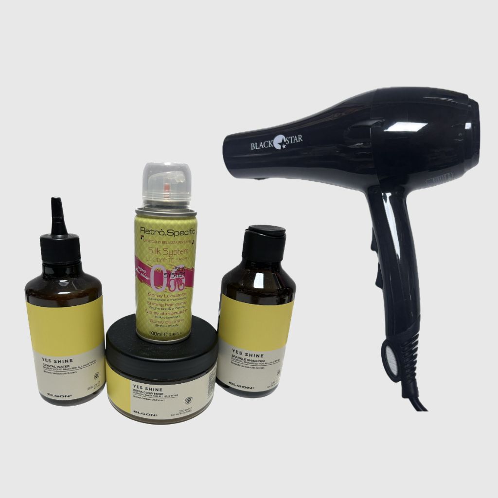 KIT YES SHINE SHAMPOO 250 ML,MASK 250 ML,WATER BALM 200 ML IN OMAGGIO SPRAY LUCIDANTE RETRO'100 ML PIU' PHON BLACK STAR TURBO PIUMA 1700 WATT