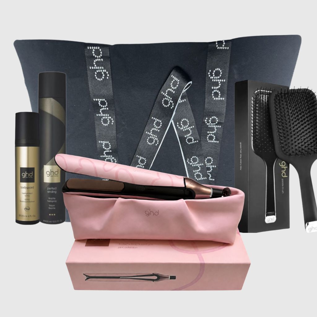 KIT GHD CON PIASTRA GHD CHRONOS DUSTED PINK CON POCHETTE TERMORESISTENTE + TERMOPROTETTORE GHD+ LACCA GHD PERFECT ENDING + SPAZZOLA PUDDLE BRUSH + BORSA IN GHD KIT GHD CON PIASTRA GHD CHRONOS DUSTED PINK CON POCHETTE TERMORESISTENTE + TERMOPROTETTORE GHD+ LACCA GHD PERFECT ENDING + SPAZZOLA PUDDLE BRUSH + BORSA IN GHD