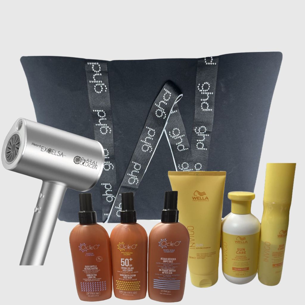 PHON RETRO' EXCELSA CRYSTAL 1800 WATT COLLAGENE + KIT MARE WELLA + GEL PREPARAT. ABBRONZ.OCLEO' 250 ML LATTE SUPER ABBR. 250 ML CREMA DOCCIA DOPO SOLE 250 ML IN OMAGGIO BORSA  GHD