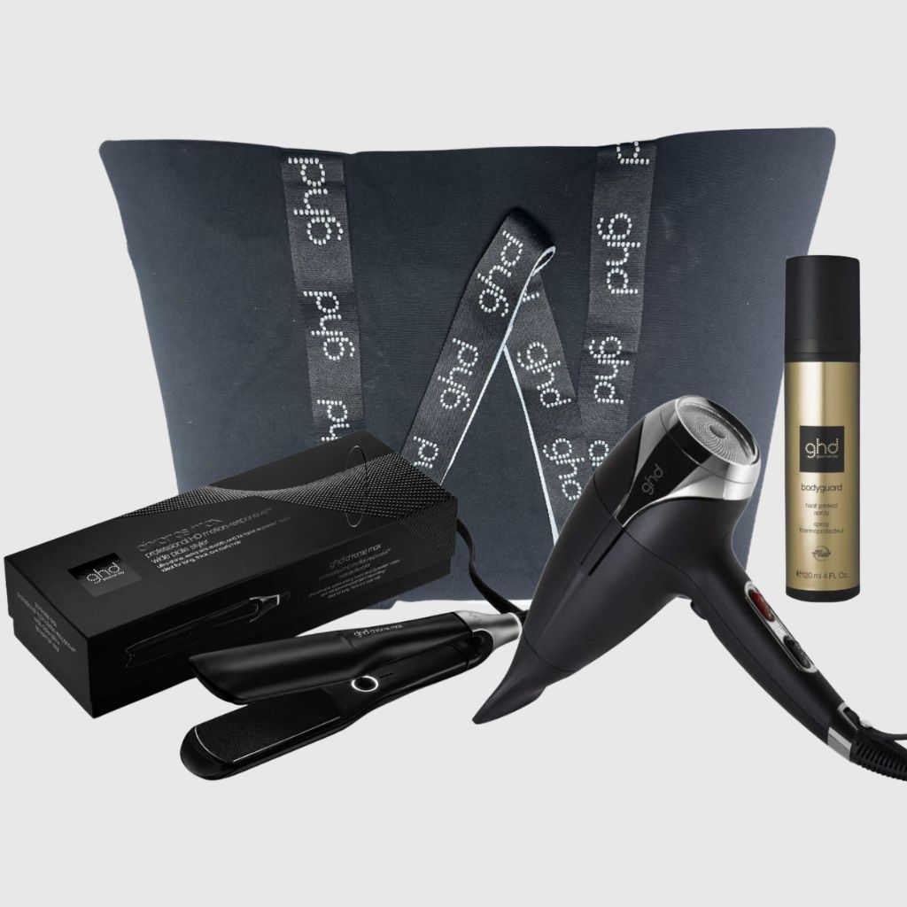 KIT GHD CON PIASTRA CHRONOS MAX NERA PIU' PHON GHD HELIOS NERO 2200 WATT + TERMOPROTETTORE GHD 250 ML + BORSA IN TELA GHD KIT GHD CON PIASTRA CHRONOS MAX NERA PIU' PHON GHD HELIOS NERO 2200 WATT + TERMOPROTETTORE GHD 250 ML + BORSA IN TELA GHD