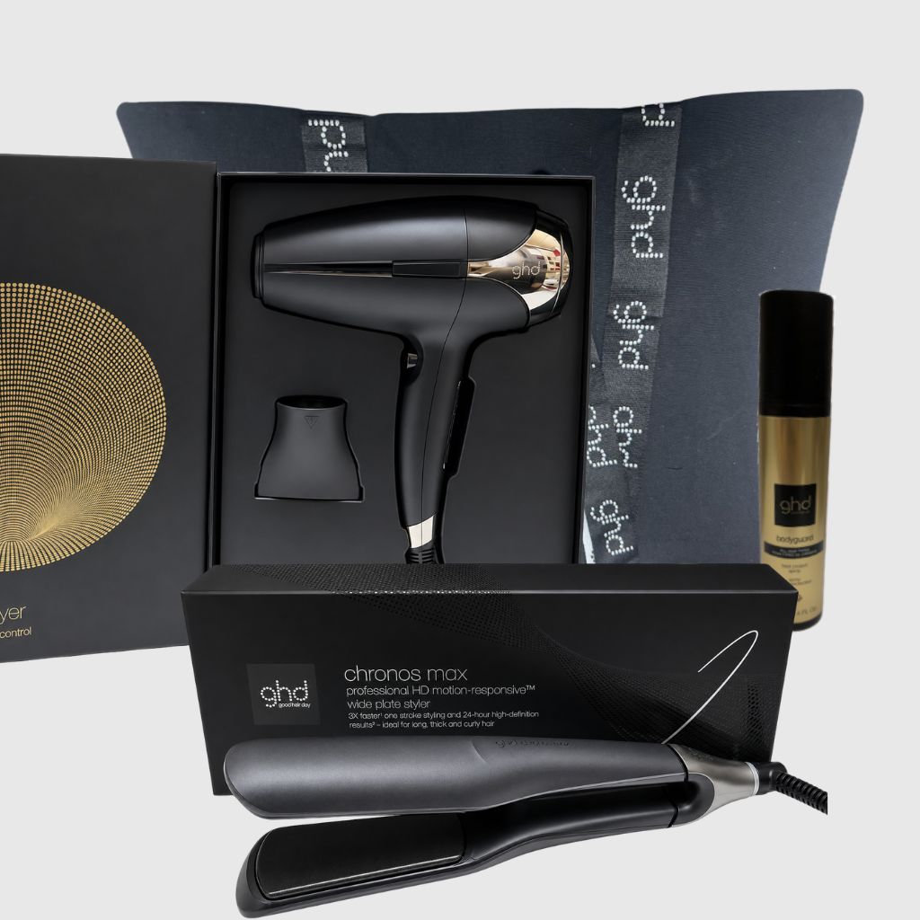 KIT GHD CON PIASTRA CHRONOS MAX NERA PIU' PHON GHD HELIOS NERO 2200 WATT +  TERMOPROTETTORE GHD 250 ML  + BORSA IN TELA GHD