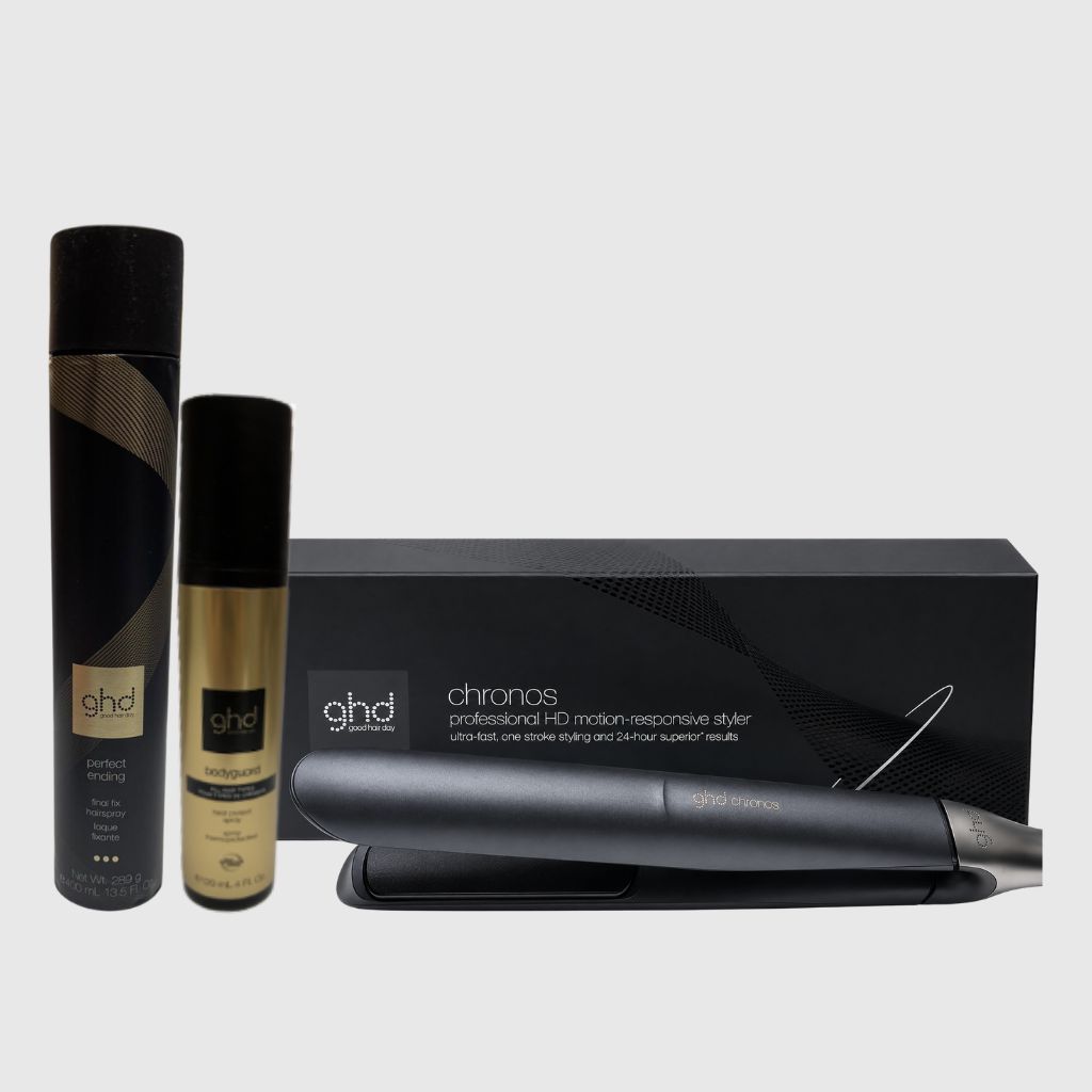 PIASTRA GHD CHRONOS BLACK + BODYGUARD GHD + LACCA GHD PERFECT ENDING PIASTRA GHD CHRONOS BLACK + BODYGUARD GHD + LACCA GHD PERFECT ENDING