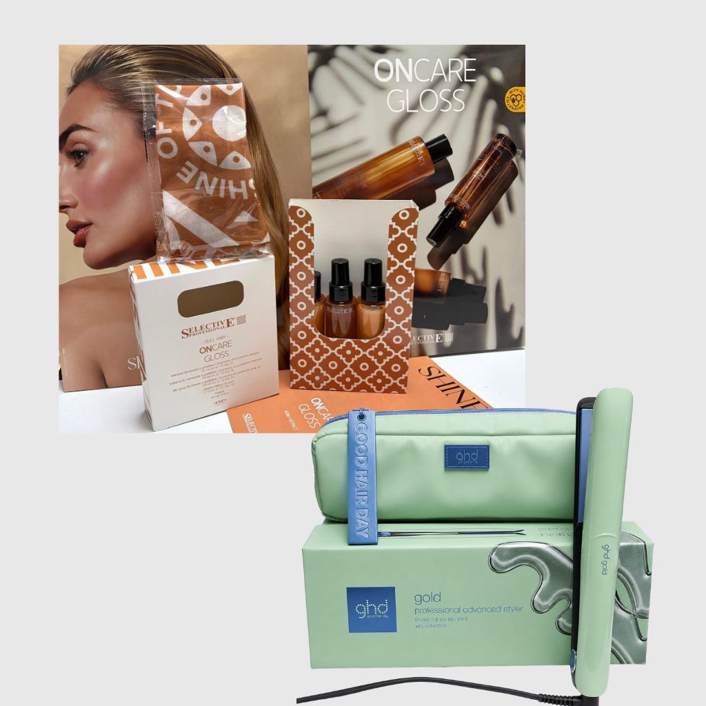 PIASTRA GHD GOLD JELLY MINT CON POCHETTE + KIT MARE SELECTIVE SHAMPOO MASK SPRAY E LIP BALM CON FOULARD IN OMAGGIO PIASTRA GHD GOLD JELLY MINT CON POCHETTE + KIT MARE SELECTIVE SHAMPOO MASK SPRAY E LIP BALM CON FOULARD IN OMAGGIO