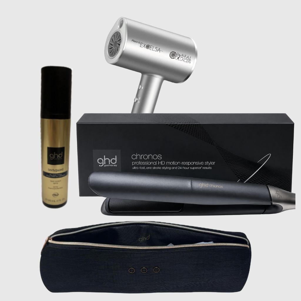 PIASTRA GHD CHRONOS NERA PIU' PHON RETRO' EXCELSA CRYSTAL COLLAGENE1800 WATT IN OMAGGIO TERMOPROTETTORE GHD PIU' POCHETTE GHD PIASTRA GHD CHRONOS NERA PIU' PHON RETRO' EXCELSA CRYSTAL COLLAGENE1800 WATT IN OMAGGIO TERMOPROTETTORE GHD PIU' POCHETTE GHD