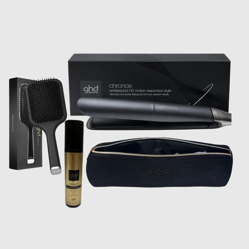 SET COMPLETO GHD PIASTRA GHD CHRONOS NERA BODYGUARD GHD SPAZZOLA PADDLE BRUSH + POCHETTE GHD