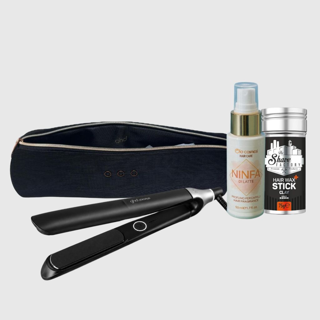 PIASTRA GHD CHRONOS NERA PIU' POCHETTE GHD PIU' IN REGALO NINFA PROFUMO X CAPELLI PIU' CERA STICK X CAPELLI SHAVE FACTORY