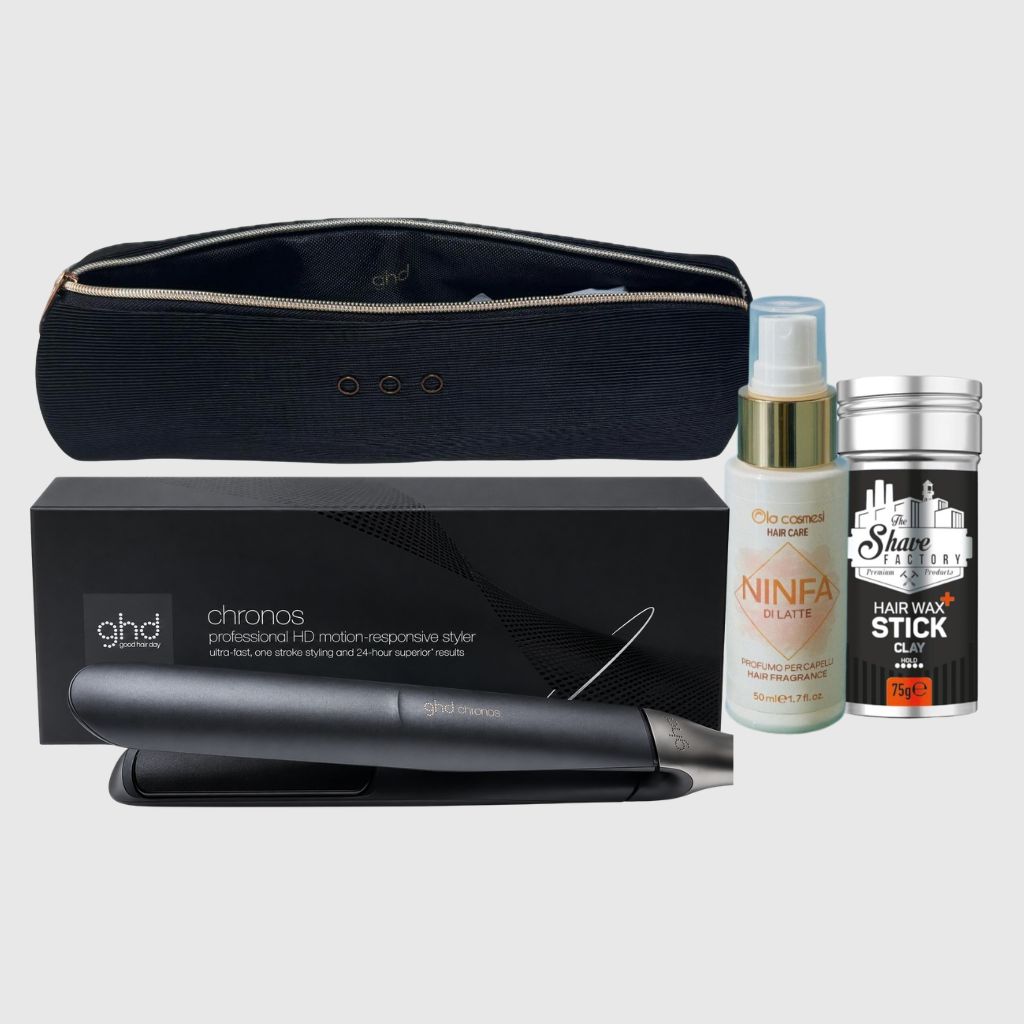 PIASTRA GHD CHRONOS NERA PIU' POCHETTE GHD PIU' IN REGALO NINFA PROFUMO X CAPELLI PIU' CERA STICK X CAPELLI SHAVE FACTORY