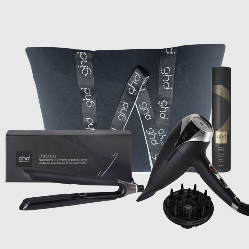 KIT GHD CON PIASTRA GHD CHRONOS NERA + PHON GHD HELIOS NERO+ DIFFUSORE GHD + LACCA GHD E BORSA GHD