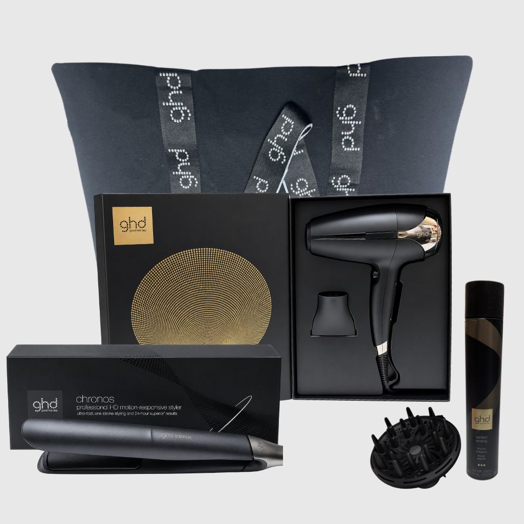 KIT GHD CON PIASTRA GHD CHRONOS NERA + PHON GHD HELIOS NERO 2200 WATT + DIFFUSORE GHD + LACCA GHD E BORSA GHD