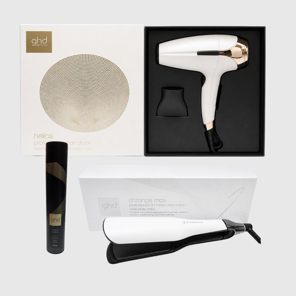 PIASTRA GHD CHRONOS MAX BIANCA + PHON GHD HELIOS BIANCO 2200 WATT + LACA GHD PERFECT ENDING 400 ML PIASTRA GHD CHRONOS MAX BIANCA + PHON GHD HELIOS BIANCO 2200 WATT + LACA GHD PERFECT ENDING 400 ML