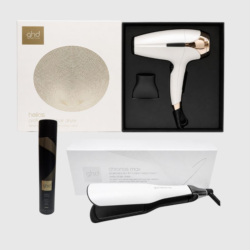 PIASTRA GHD CHRONOS MAX BIANCA + PHON GHD HELIOS BIANCO 2200 WATT + LACA GHD PERFECT ENDING 400 ML