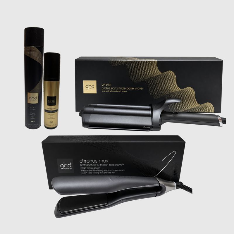 KIT GHD CON PIASTRA GHD CHRONOS MAX NERA  PIU' GHD WAVE TRIPLE BARREL IN OMAGGIO TERMOPROTETTORE GHD PIU SPRAY CURL EVER AFTER GHD