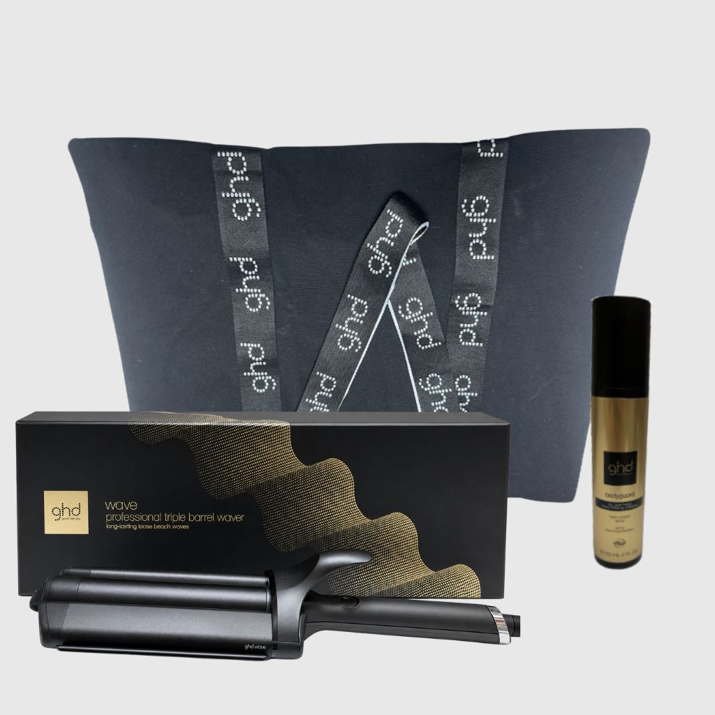KIT GHD WAVE TRIPLE BARREL + TERMOPROTETTORE GHD + BORSA IN TELA GHD KIT GHD WAVE TRIPLE BARREL + TERMOPROTETTORE GHD + BORSA IN TELA GHD