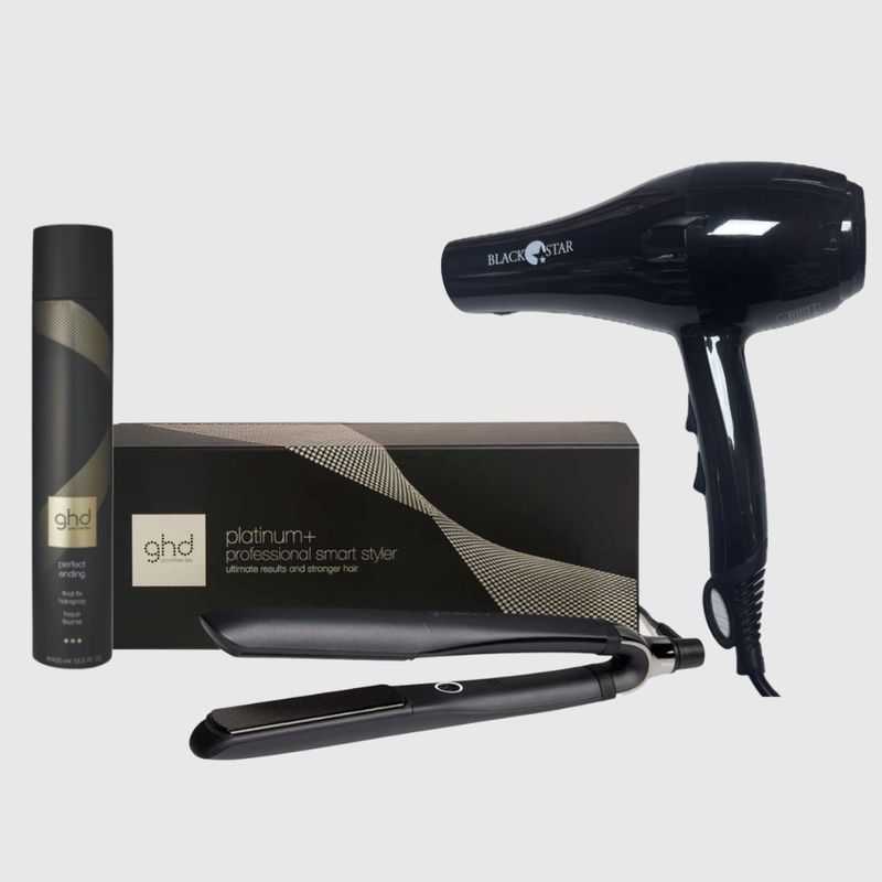 KIT CON PIASTRA GHD PLATINUM + PHON BLACK STAR  TURBO PIUMA + OMAGGIO LACCA GHD PERFECT ENDING