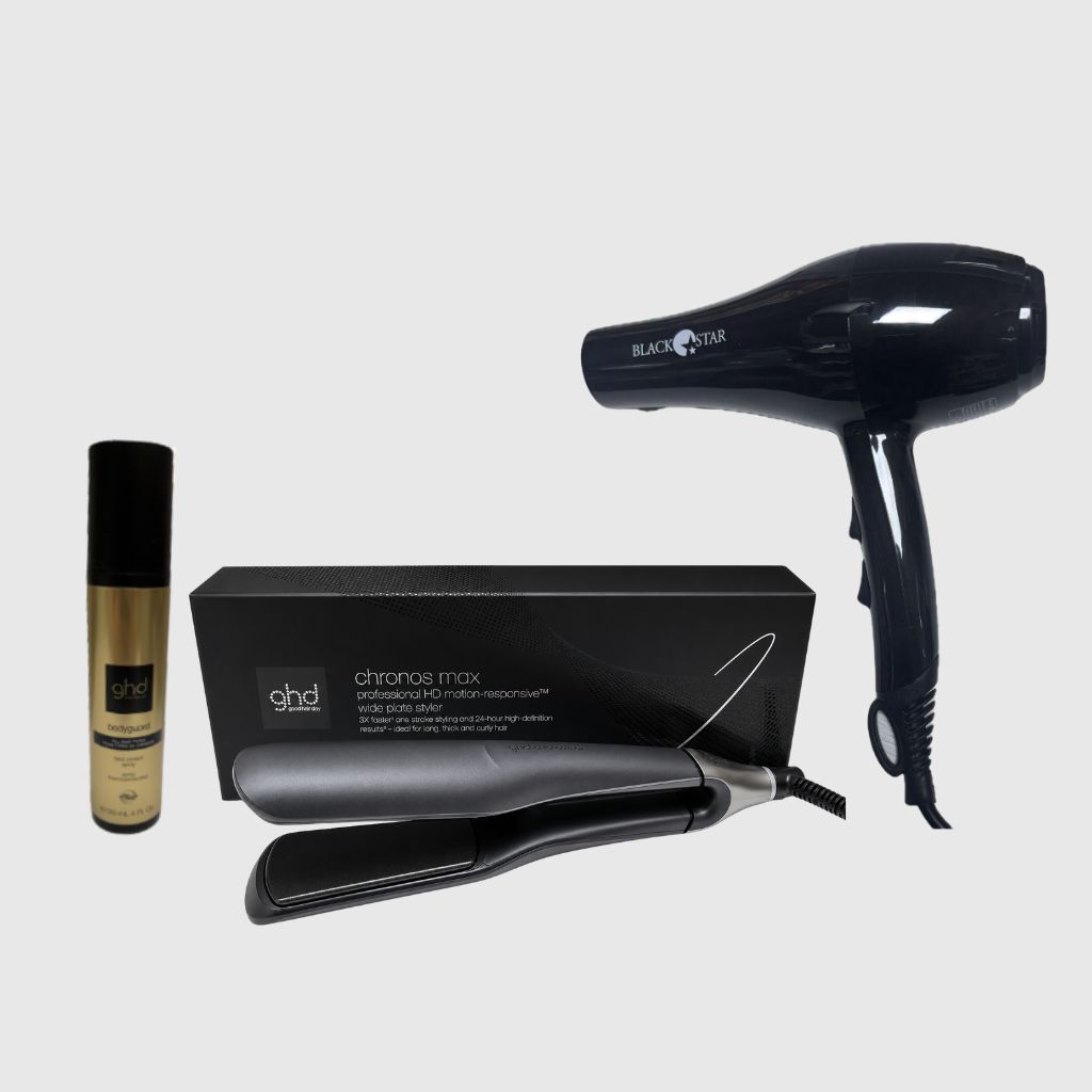 KIT CON PIASTRA GHD CHRONOS MAX+ IN OMAGGIO PHON BLACK STAR TURBO PIUMA 1700 WATT  + TERMOPROTETTORE GHD 250 ML