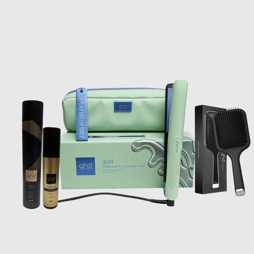 KIT GHD CON PIASTRA GHD GOLD JELLY CON POCHETTE + BODYGUARD GHD + LACCA GHD + SPAZZOLA GHD PADDLE BRUSH