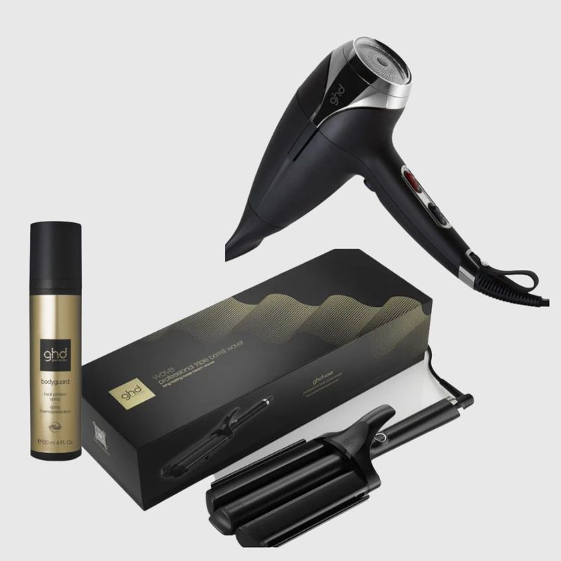 PHON GHD HELIOS NERO + GHD WAVE TRIPLE BARREL + TERMOPROTETTORE GHD 250 ML + BORSA IN TELA GHD