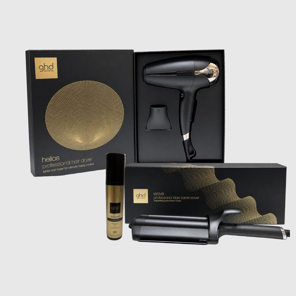 PHON GHD HELIOS NERO 2200 WATT + GHD WAVE TRIPLE BARREL + TERMOPROTETTORE GHD 250 ML + BORSA IN TELA GHD PHON GHD HELIOS NERO 2200 WATT + GHD WAVE TRIPLE BARREL + TERMOPROTETTORE GHD 250 ML + BORSA IN TELA GHD