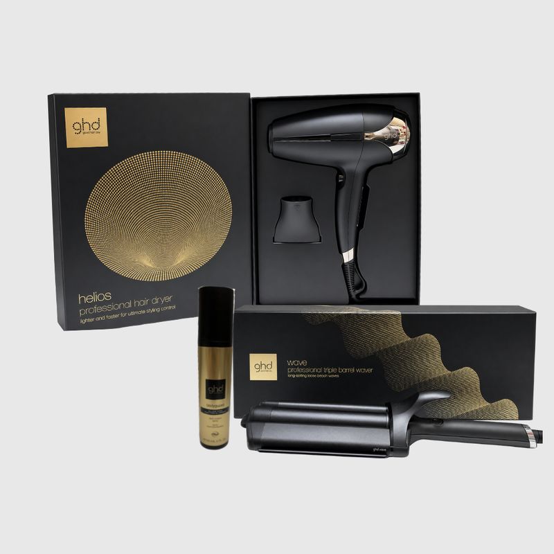 PHON GHD HELIOS NERO 2200 WATT  + GHD WAVE TRIPLE BARREL + TERMOPROTETTORE GHD 250 ML + BORSA IN TELA GHD