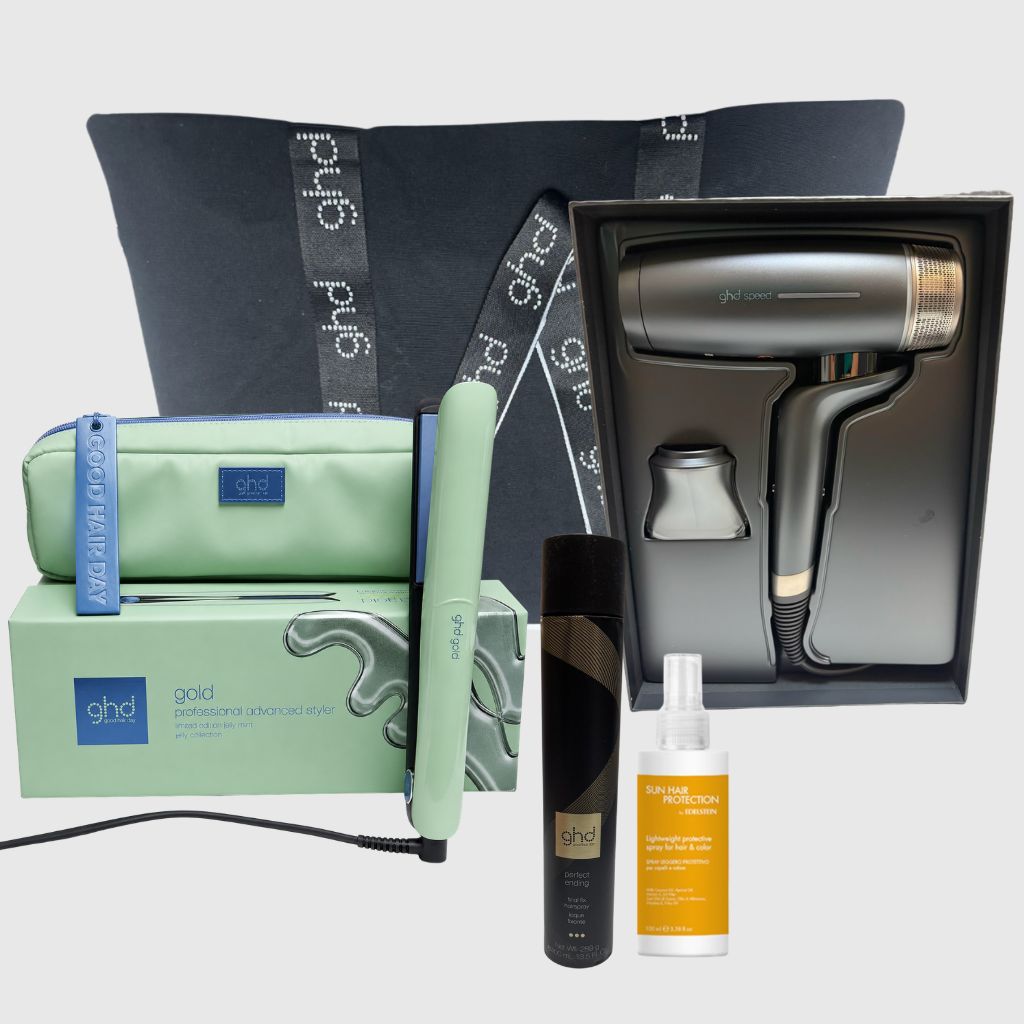 PHON GHD SPEED 2100 WATT + PIASTRA GHD GOLD JELLY CON POCHETTE +SPRAY SOLARE EDELSTEIN+ BORSA GHD+ LACCA GHD PERFECT ENDING