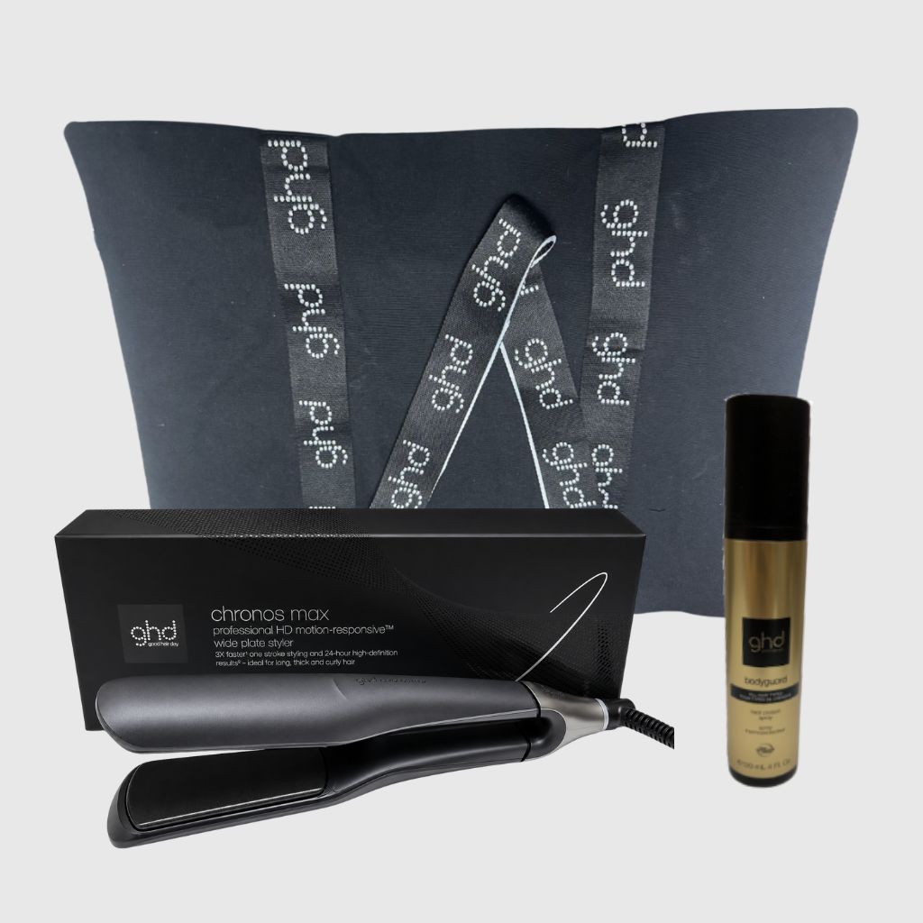 KIT GHD CON PIASTRA GHD CHRONOS MAX + TERMOPROTETTORE GHD + BORSA IN TELA GHD KIT GHD CON PIASTRA GHD CHRONOS MAX + TERMOPROTETTORE GHD + BORSA IN TELA GHD