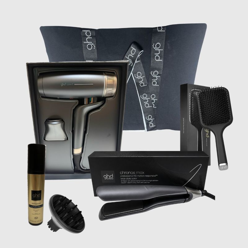 SUPER KIT GHD PHON GHD SPEED 2100 WATT CON DIFFUSORE+ PIASTRA GHD CHRONOS MAX + SPAZZOLA GHD+TERMOPROTETTORE GHD+BORSA IN TELA GHD