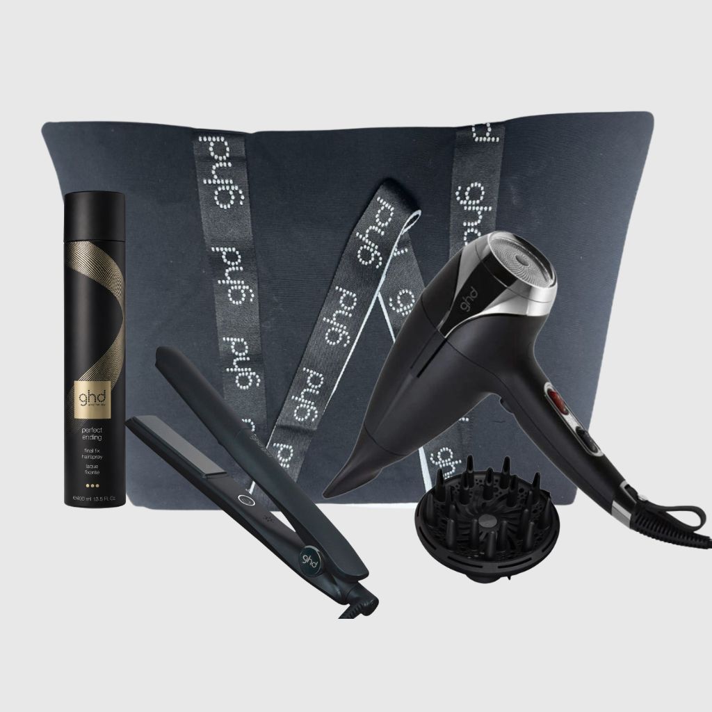 PHON GHD HELIOS BLACK 2200 WATT + DIFFUSORE GHD HELIOS +PIASTRA GHD GOLD + LACCA GHD + BORSA GHD