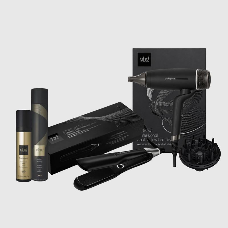 PHON GHD SPEED + DIFFUSORE GHD SPEED + PIASTRA GHD CHRONOS MAX NERA+ TERMOPROTETTORE GHD + LACCA  GHD PERFECT ENDING  400 ML