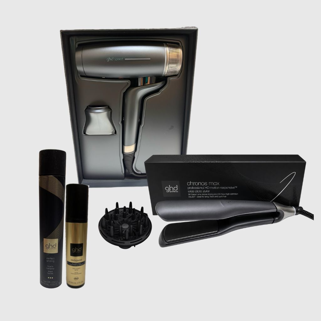 PHON GHD SPEED 2100 WATT  + DIFFUSORE GHD SPEED + PIASTRA GHD CHRONOS MAX NERA+ TERMOPROTETTORE GHD + LACCA  GHD PERFECT ENDING  400 ML