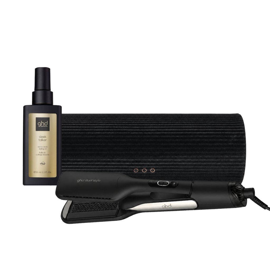PIASTRA GHD DUET STYLE GIFT SET  E SLEEK TALKER + TERMOPROTETTORE GHD LACCA GHD PERFECT ENDING + BORSA GHD